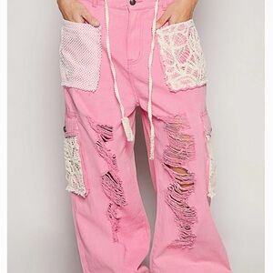 POL Distressed Cargo Joggers with Lace Accents